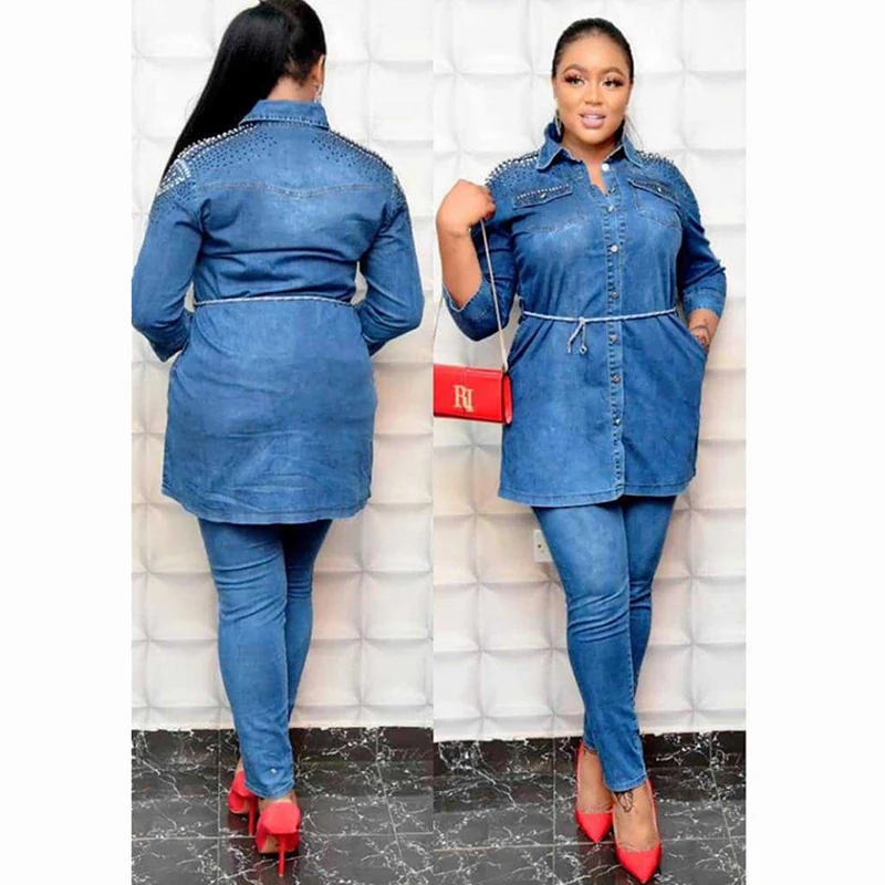 Комплект брюк для женщин в африканском стиле осень 2020 потертая бисером джинсовая