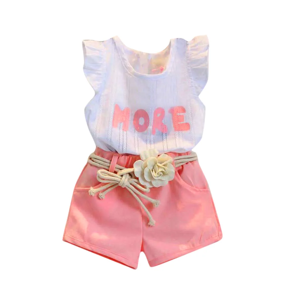 

FashionToddler Kids Baby Girls Clothes Summer Print Sleeveless T-Shirt+Shorts+Belt Outfits Clothes Set new style