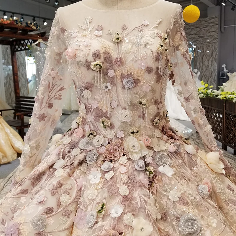 LS3211 luxury dubai evening dress long sleeves o neck 3D flowers floor length ball gown women occasion can make for muslim | Свадьбы и