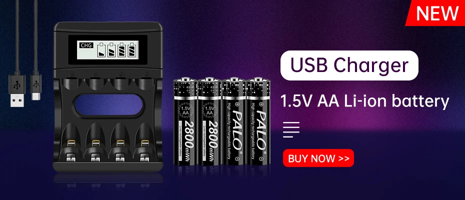 PALO 1.5V AA Li-ion Rechargeable Batteries+1.5v AAA Li-ion Rechargeable Batteries with LCD Smart 1.5V Lithium Battery Charger