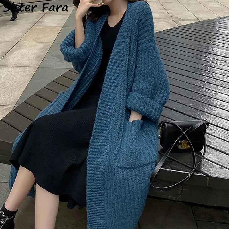 

Женский длинный вязаный свитер Sister Fara, свободный Универсальный вязаный свитер, повседневные кардиганы, пальто для осени и зимы