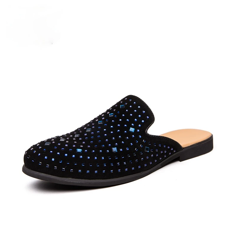 

Leather Mules Men Suede Casual Summer Slip-On Slippers On Backless Diamond Loafers Lazy Person Half Shoe For Men Big Size Blue