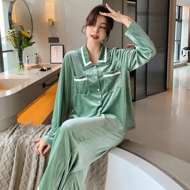 

Green Patchwork Velour Homewear 2PCS Pajamas Suit Lady Long Sleeve Autumn New Sleepwear Intimate Lingerie Casual Home Clothing