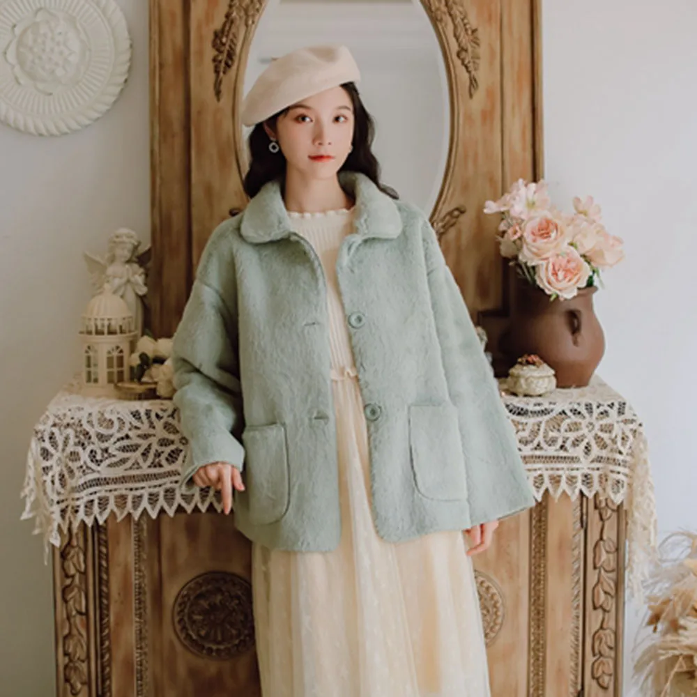 

2021 Winter Women Elegant Knits Jacket Solid Long Sleeve Patchwork Pocket Lapel Minimalism Single-breasted Vintage Lady Jacket