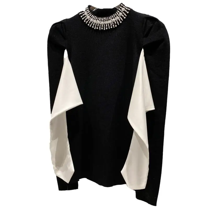 

2020 New Patchjwork Sweater Pearls Bead Neckline Fly Sleeve Elegant Small Fragrant Style Knitted Jumper