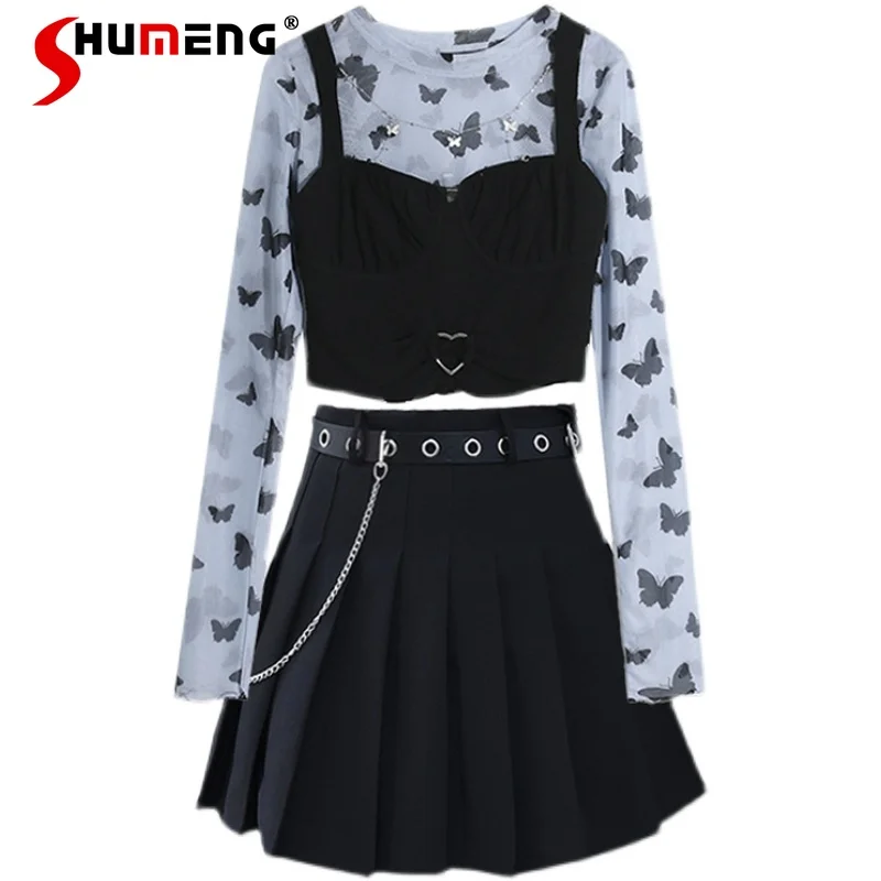 

2021 Autumn Butterfly Mesh Long Sleeve Crop Tops Ladies Black Vest Short Top Fashion Pleated Short Skirts Suit Two-Piece Set