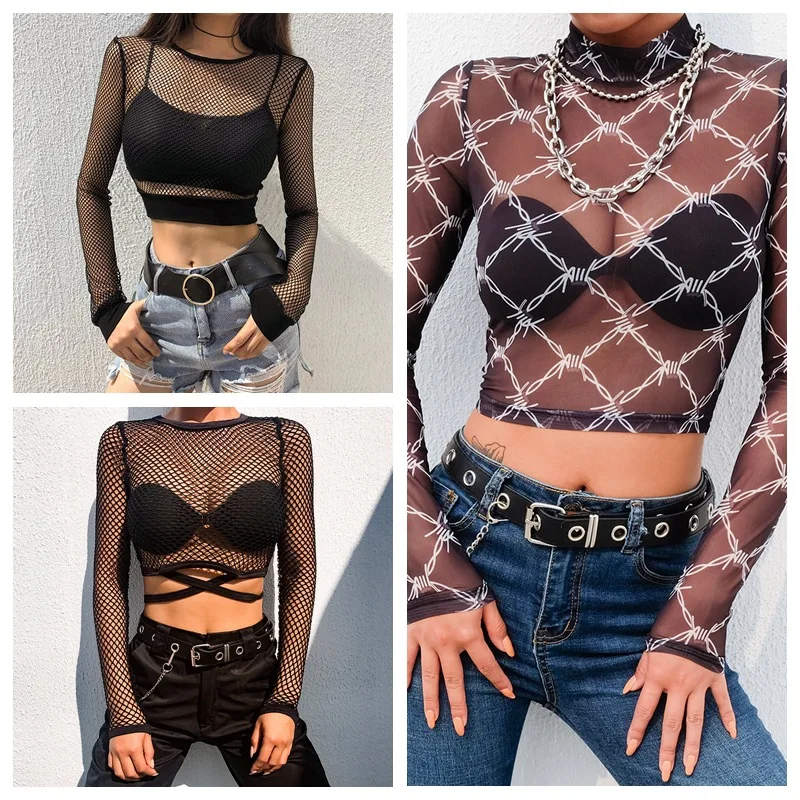 Сетчатый сексуальный топ прозрачный с длинными рукавами 2020 Летний Пляжный