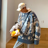 mens long sleeve flower tree printed cable knit sweaters casual oversized sweater pullover korean streetwear fashion clothing