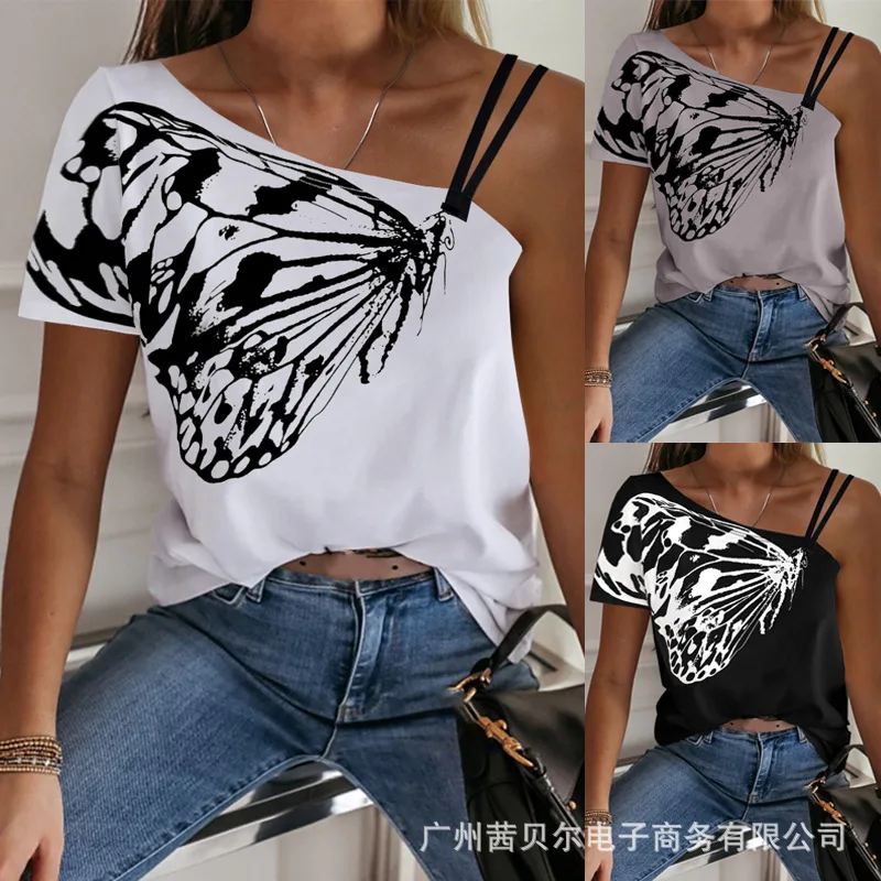 

Mandylandy T-shirt Sexy Short Sleeve Irregular Off-Shoulder Spaghetti Strap T-shirt Women's Sexy Butterfly Printed Loose T-shirt