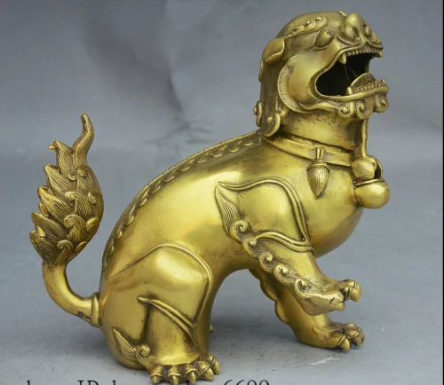 

7" China FengShui Royal Brass Auspicious Beast Lion Statue Incense Burner Censer