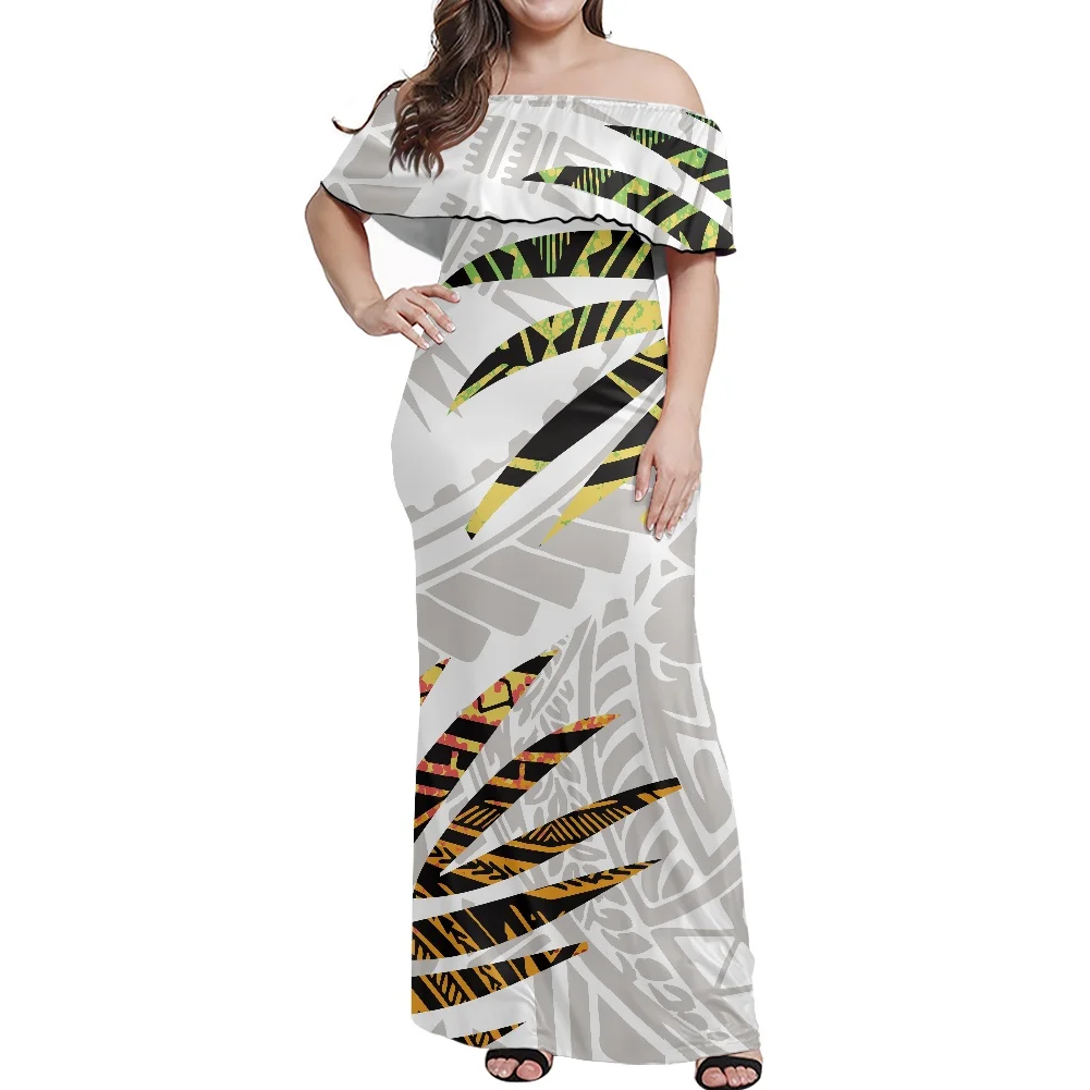 

Off Shoulder Maxi Dress for Women's Polynesian Tribal Hawaii Floral Art Tattoo Print Layered Ruffle Party Elegant Long Dresses