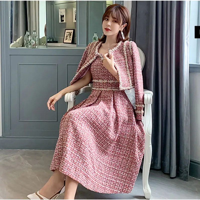 

suit High Quality Women's Beading Dress 2 piece Sets Winter New fashion women's Tweed short coat and dress two-piece
