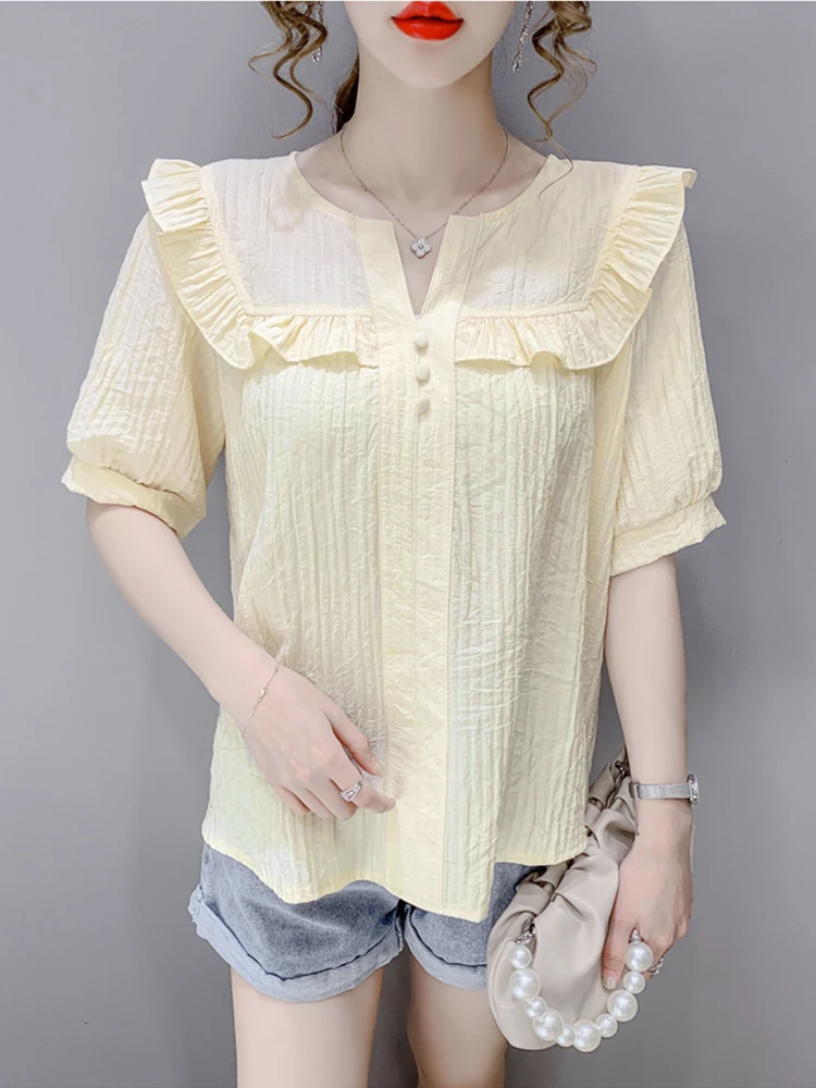 

Fashion Blouses For Women Summer V Neck Short Sleeve Reffles Thin Pollover Shirts 2021 New Casual Solid Color Tops Female