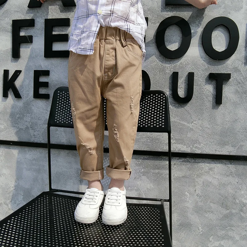 Повседневные брюки для мальчиков модные с дырками цвета хаки детская одежда