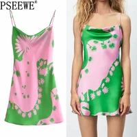 pseewe za slip dress women pink satin dress woman green print backless summer dresses 2021 strap mini beach ladies dresses