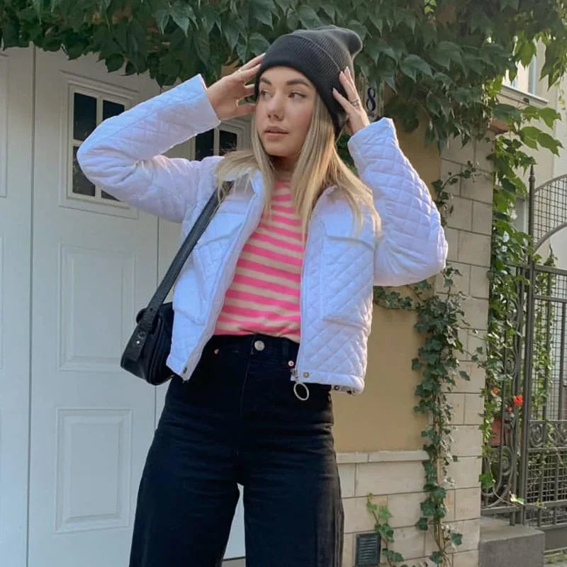 2021 Autumn Winter Slim Zipper Pocket Woman Jacket Solid Plaid Lapel Jacket Women's Clothing Women's Fashion Zipper Cotton Coat