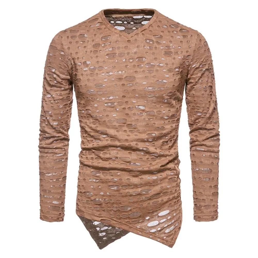 

Irregular Hollow T-Shirts Mens Long Sleeve Sport T-Shirt Casual Pullovers Jogger Fitness Round Neck Pullover Top Tee
