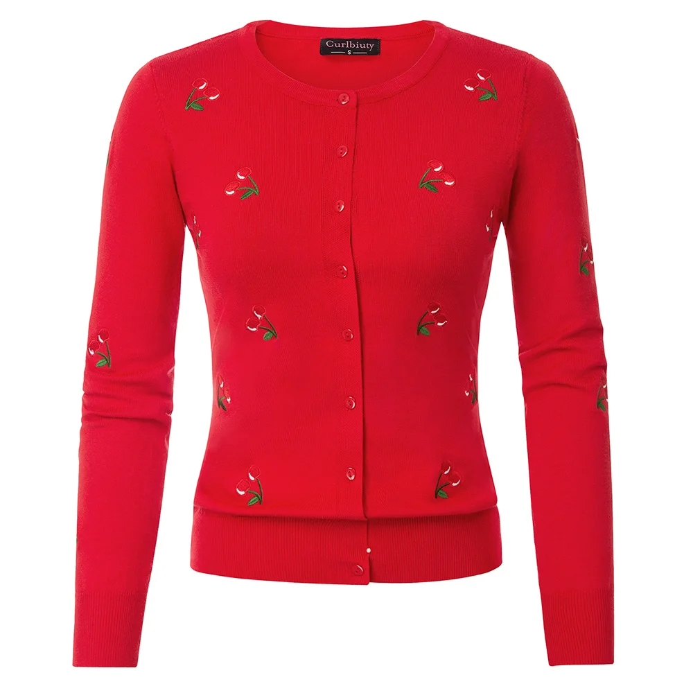 Женское пальто джемпер с вышивкой вишни трикотажное вязаная одежда вырезом