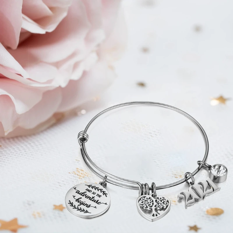 

2021 Graduation Gifts Stainless Steel College High School Inspirational Pendant Charm Bracelet Adjustable Bangle Jewelry