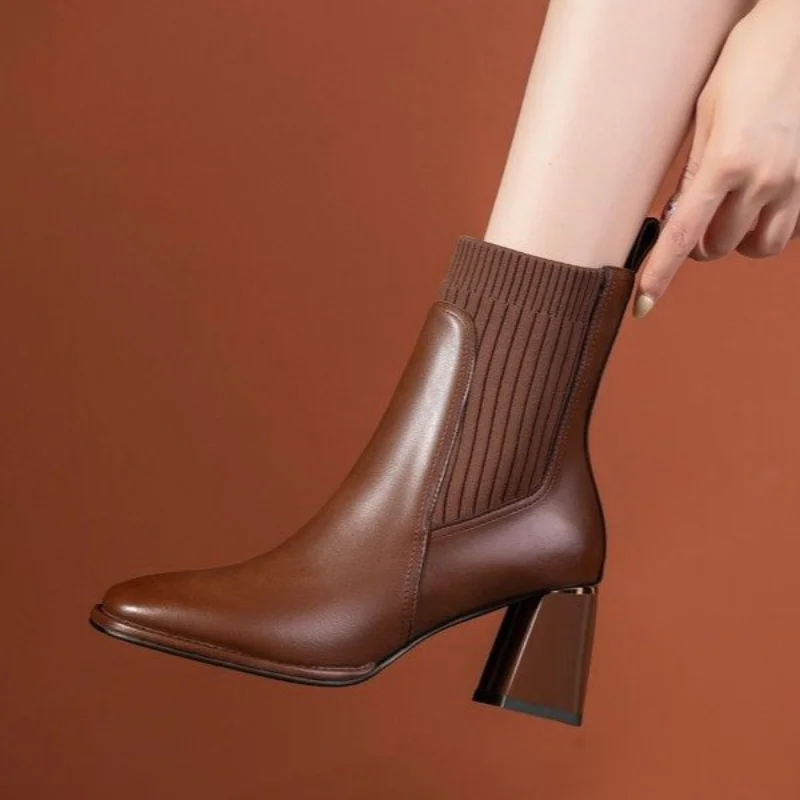 

Женские повседневные ботильоны для офиса, простые полусапожки из натуральной кожи на толстом высоком каблуке, Осень-зима 2021