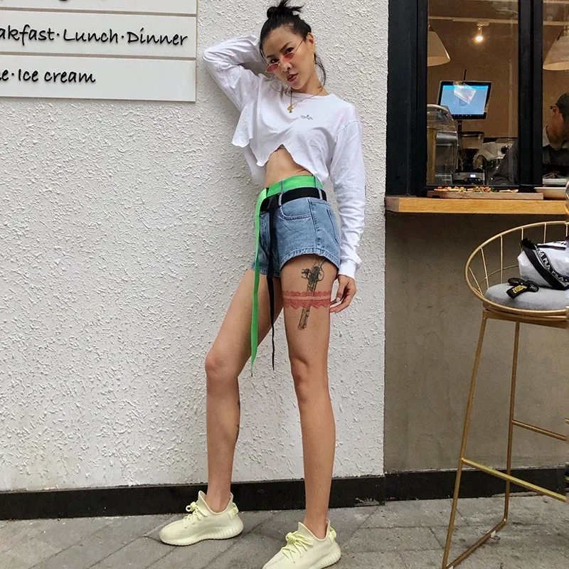 

VGH Sexy Casual Denim Short Pant For Women High Waist With Double Sashes Minimalist Streetwear Pants Female Fashion Clothing New