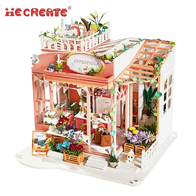 

iiE Create Dollhouse Miniature Flower Shop Wooden Doll House with Furniture Led Light Diy Toys for Children Birthday Gift