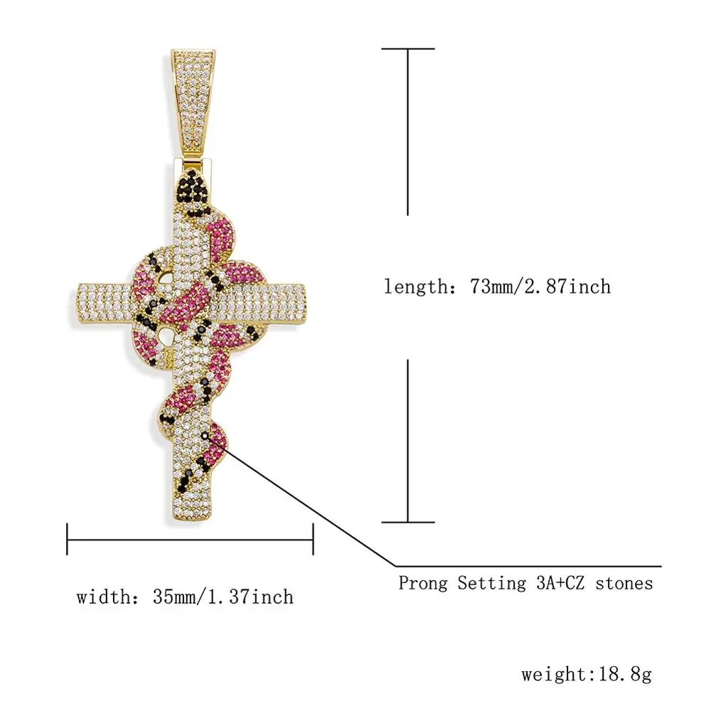 

JINAO New Snake Winding Cross Pendant Necklace Iced Out Cubic Zirconia Pendant Christmas Halloween Hip Hop Jewelry Gifts
