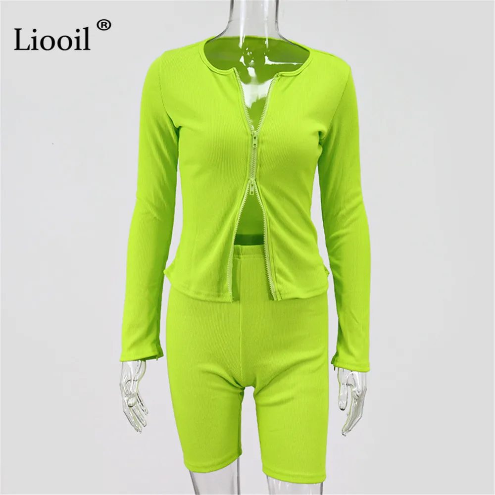 

Liooil Neon Green 2 Piece Knit Set Zip Up Sexy Coat And Biker Shorts 2021 Long Sleeve O Neck Bodycon Matching Sets Women Outfits