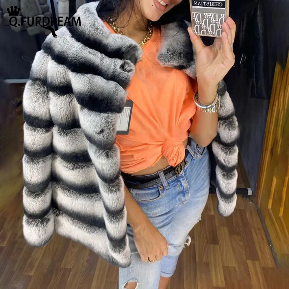 Q.FURDREAM новая трендовая шуба из натурального меха кролика рекс Осень Зима плотная