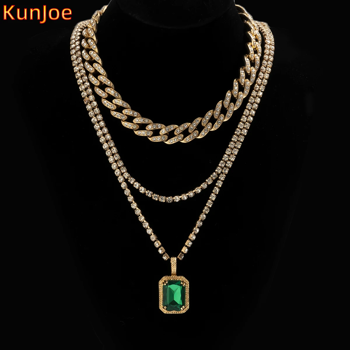 

KunJoe Square Hip Hop Pendant Necklace For Women Fashion Gold Color Iced Out Rhinestone Gem Crystal Cuban Chain Choker Jewelry