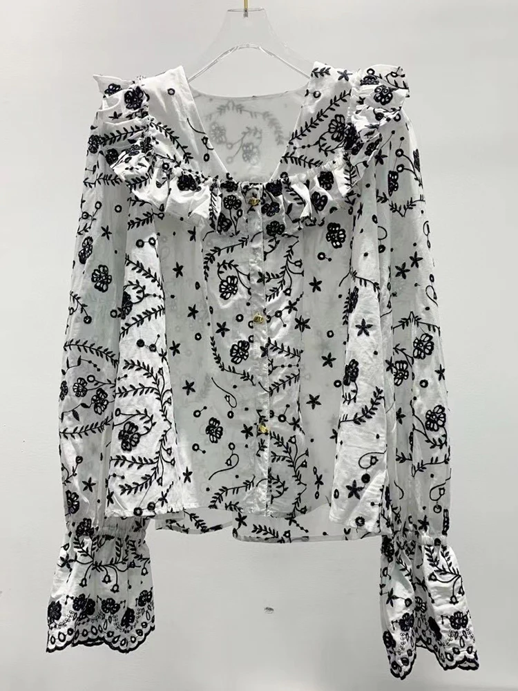 

Classic Vintage Hollow Embroidery V-Neck Cotton Linen Shirt Stitching Wood Ear Lantern Sleeves 2021 Summer Women's Clothing