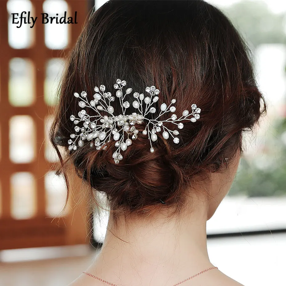 

Efily Silver Color Freshwater Pearl Hair Comb Bridal Hair Accessories for Women Rhinestone Wedding Head Jewelry Bride Headpiece