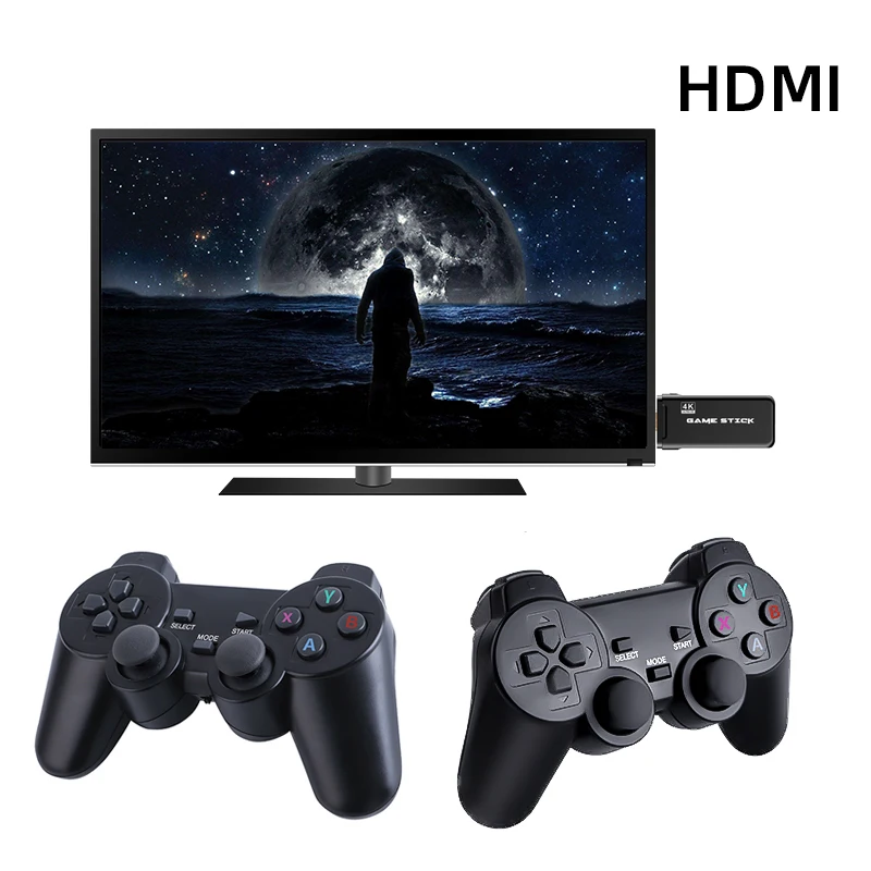 Portable 4K Game Stick 64GB 10000 PS1 N64 Retro Video Console 3D Rocker Dual Wireless Controller TV Gaming Player Stickers | Электроника