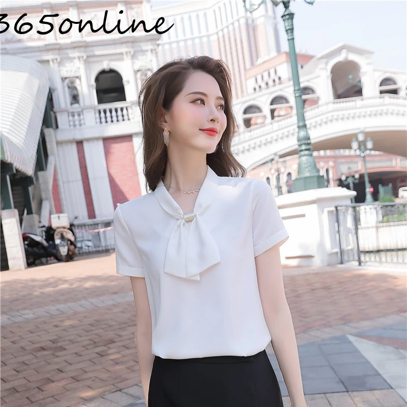 

Novelty White Short Sleeve Summer Blouses Shirts for Women OL Styles Ladies Office Work Wear Blouse Casual Tops Clothes