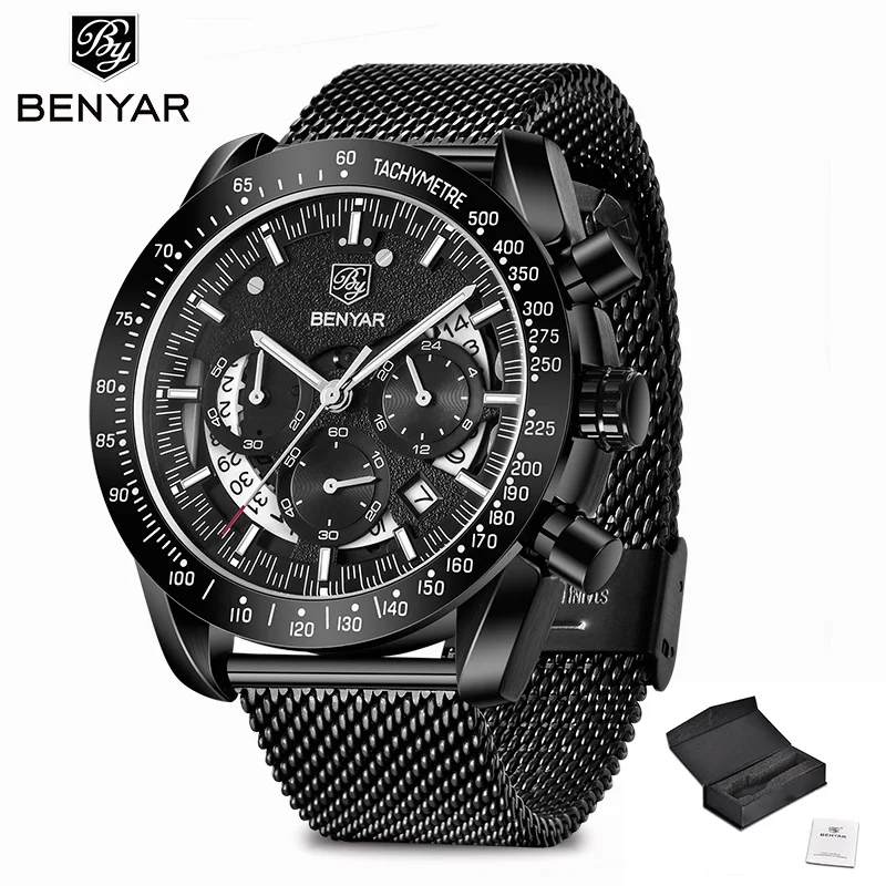 Black White S BENYAR мужские часы Топ бренд Роскошные часы кварцевые военные наручные часы мужские часы хронограф бизнес часы Relogio Masculino - Цвет: Black White S