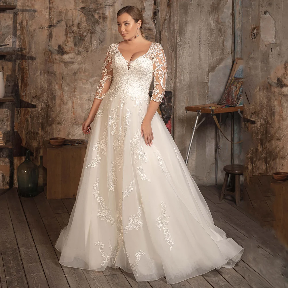 

Gorgeous A Line Bridal Gown Vestido De Noiva Women's V Neck Three Quarter Sleeves Applique Sweep Train Plus Size Wedding Dress