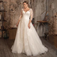 gorgeous a line bridal gown womens v neck three quarter sleeves applique sweep train plus size wedding dress