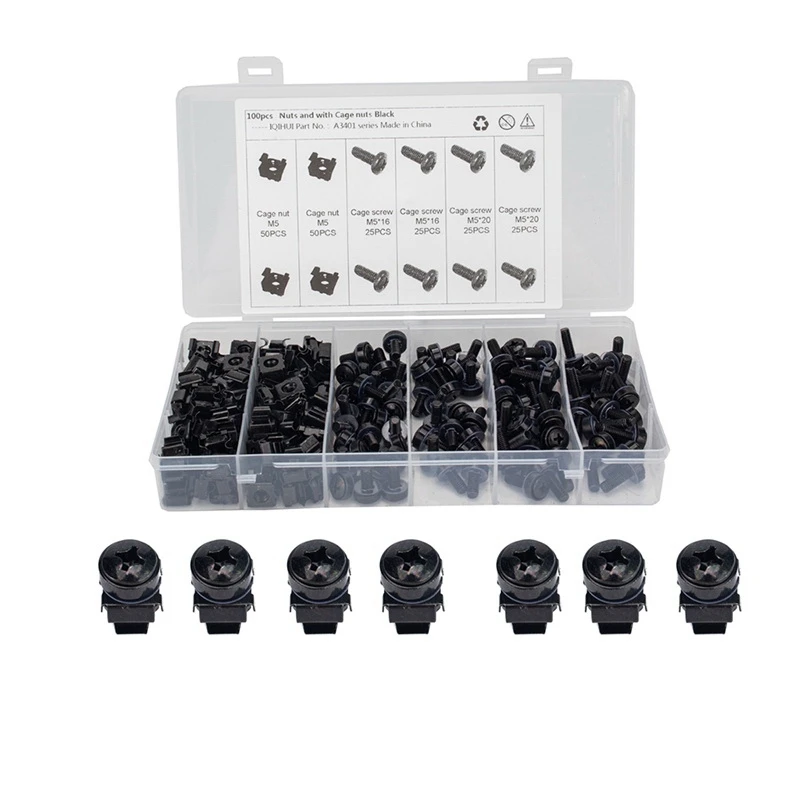 

100Pcs M5x16/20 18 12mm Nuts and Screw Screw with Cage Nuts Black for Server Rack Cabinet Rack Mount Screws