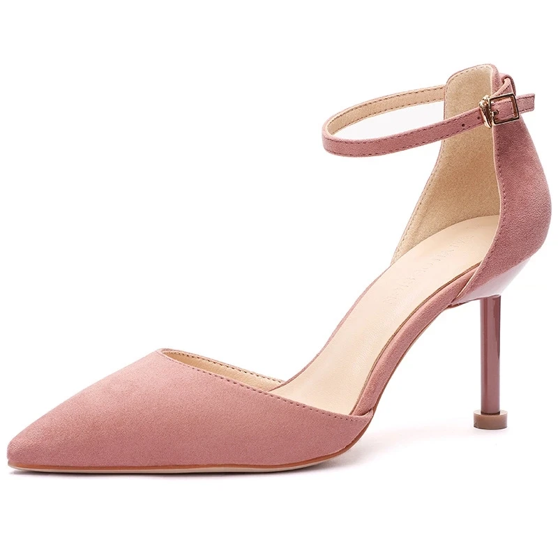 pink 8cm Обувь женские флоковые Вечерние туфли на высоком тонком каблуке 6/8 см с ремешком на щиколотке женские элегантные пикантные Летние босоножки с острым носком г. Туфли-лодочки на каблуке - Цвет: pink 8cm