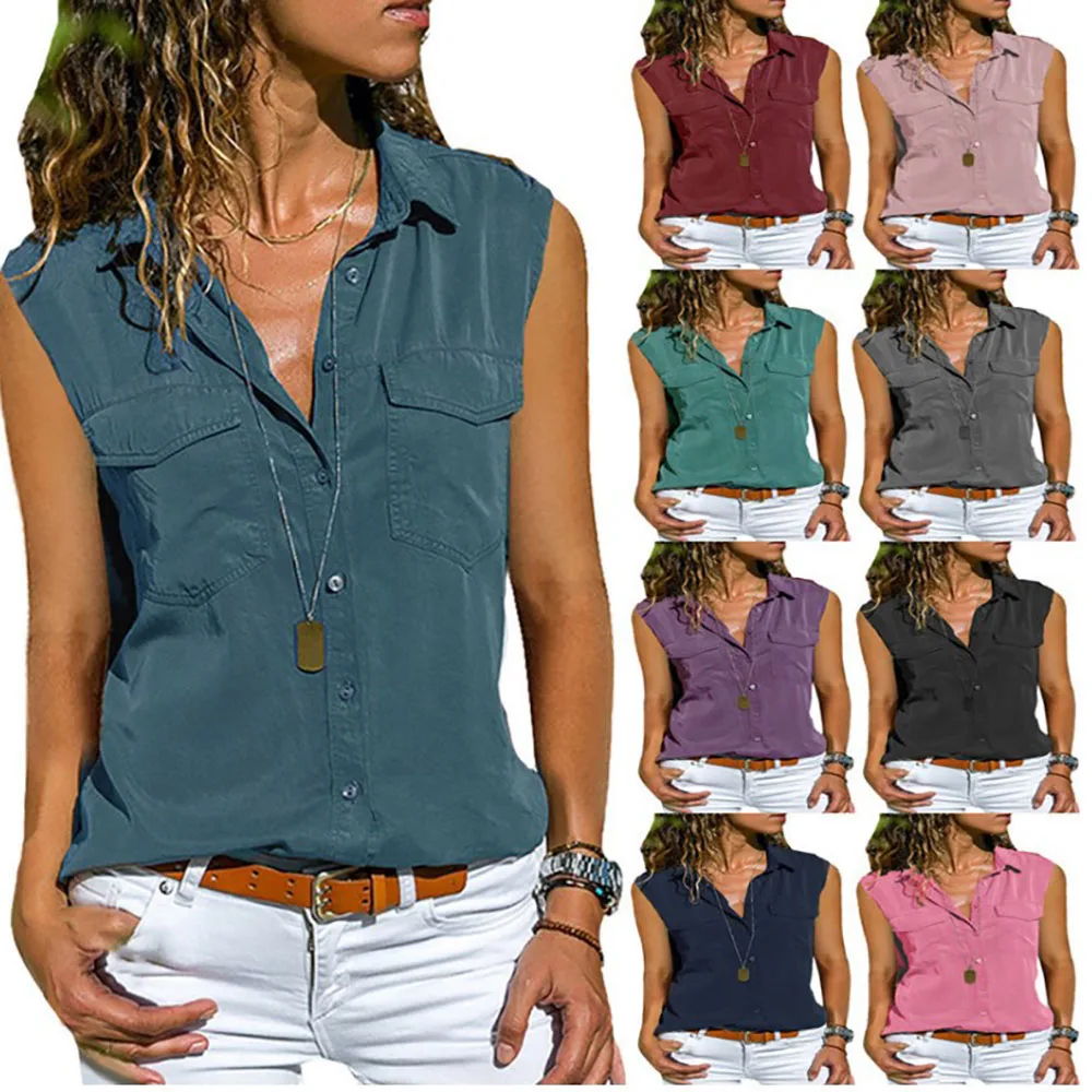 

Женская футболка без рукавов, с V-образным вырезом и пуговицами