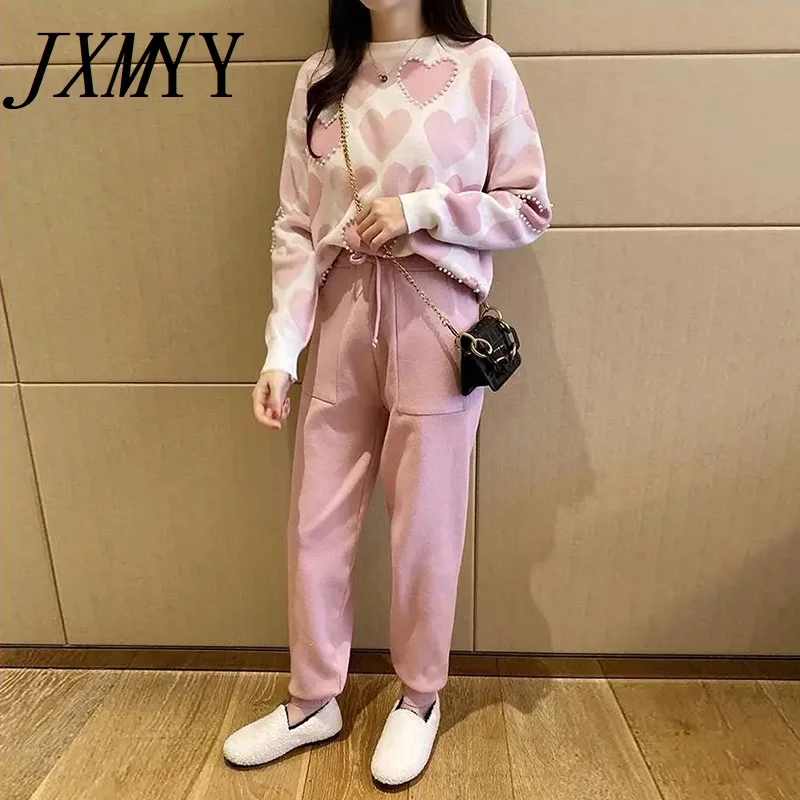 JXMYY Fashion Love Printed Knitted Two Peice Suit Women Long Sleeve Sweater Tops And Solid Colors Casual Pants Female |