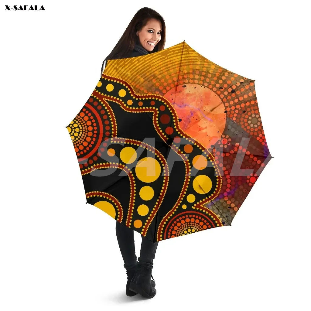 

AUS INDIGENOUS FLAG CIRCLE DOT PAINTING 3D Printed Umbrella Automatic Turn On/Off Three-Folding Rain Sunshade Windproof 12 Ribs