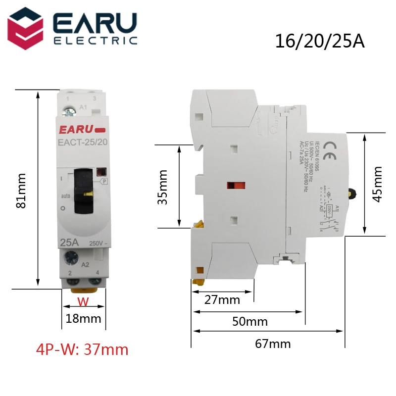 2P 4P 16A 25A 32A 40A 63A 220V 50/60Hz Din Rail Household AC Modular Contactor With Manual Control Handle Switch NO NC 2NO 2NC |