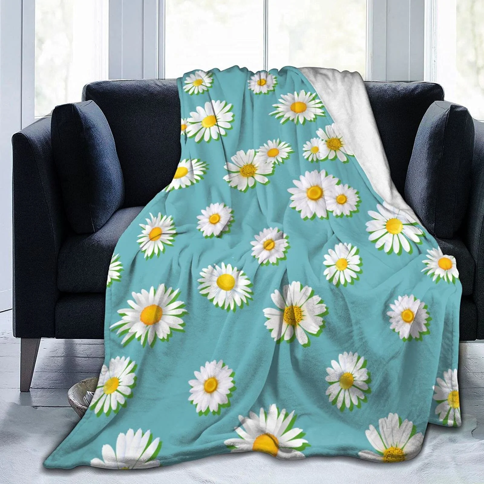 

Blue Daisy Flower Flannel Blanket Bedroom Sheets Living Room Sofa Towel Adult Girl Quilt Gift 60*80 Inches