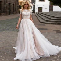 a line wedding dresses o neck appliqued short sleeves button bow illusion 2021 new floor length bridal gowns robe de mariee