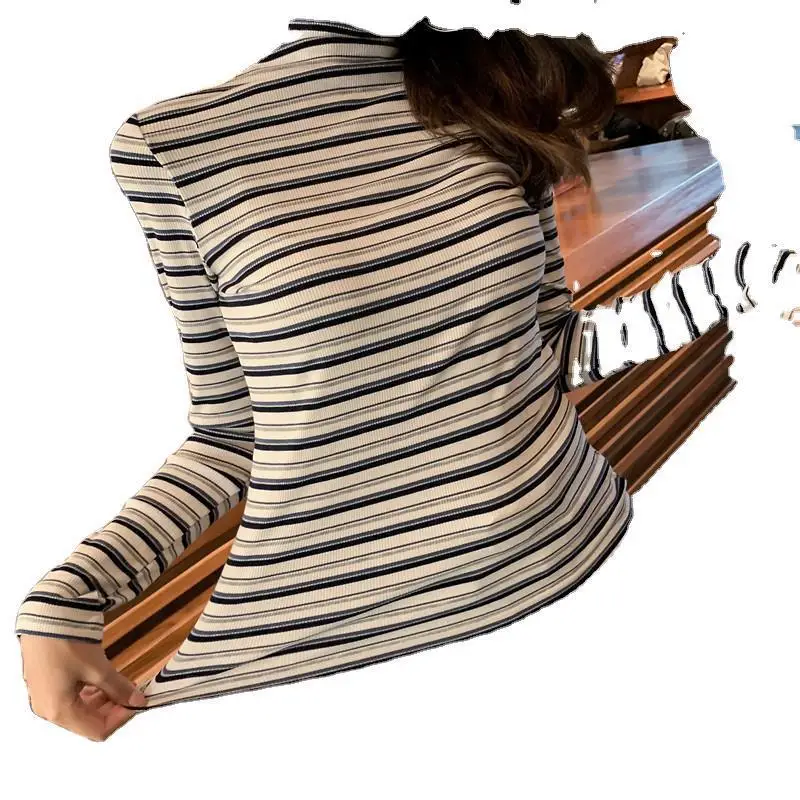 

Net red soft girl early autumn chic slim fit color contrast stripe half high collar bottoming T-shirt long sleeve top women ins