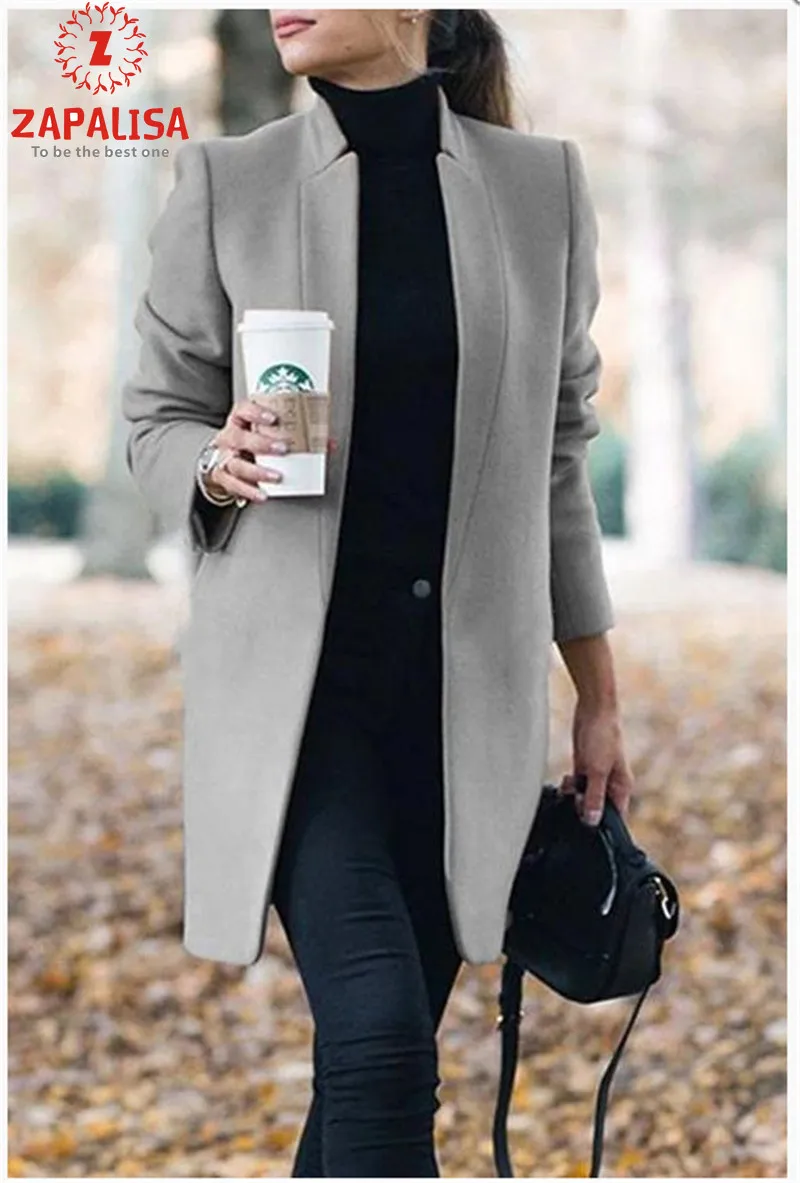 Элегантное тонкое шерстяное пальто с воротником-стойкой для офисной леди