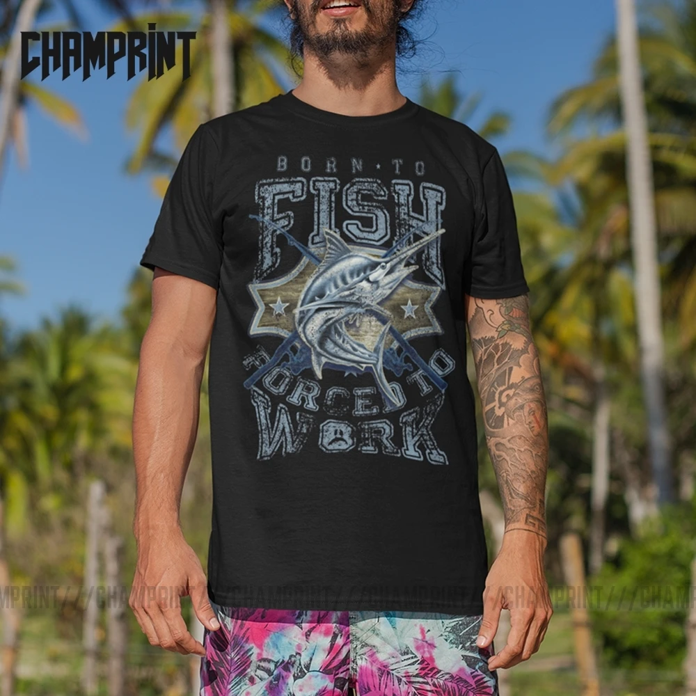 Мужская винтажная хлопковая Футболка Born to Fish с круглым вырезом коротким рукавом |