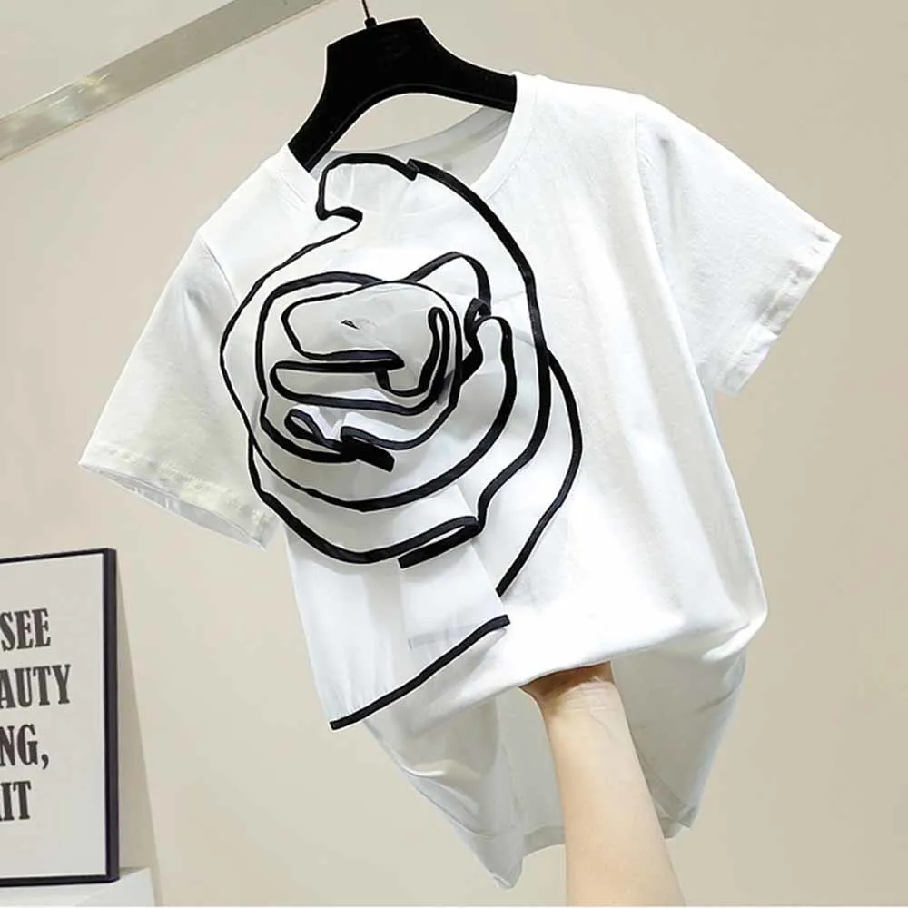 Футболка женская трехмерная с коротким рукавом модный топ крупными цветами и