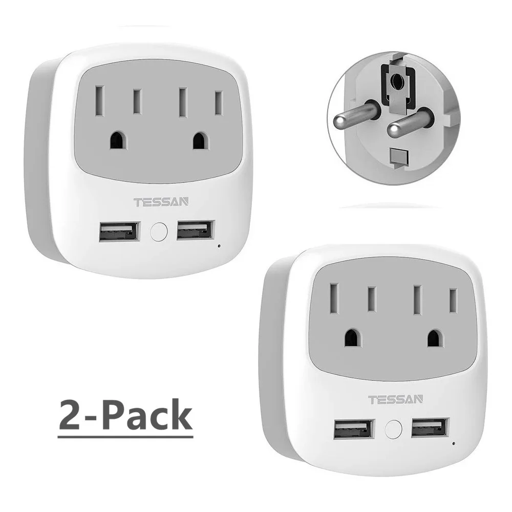 

TESSAN 2 Pack US to European Europe German French Spain Russia Korea Travel Power Adapter With 2 USB Ports 2 AC Outlets Type E/F